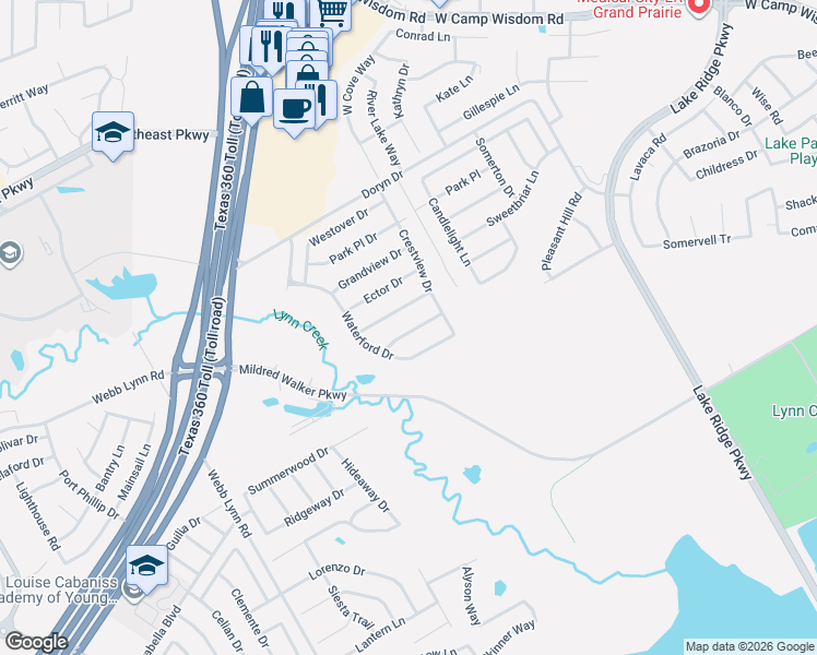 map of restaurants, bars, coffee shops, grocery stores, and more near 2828 Oak Crest Drive in Grand Prairie