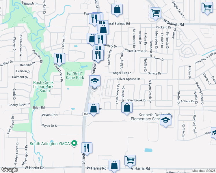 map of restaurants, bars, coffee shops, grocery stores, and more near 6617 Olivewood Drive in Arlington
