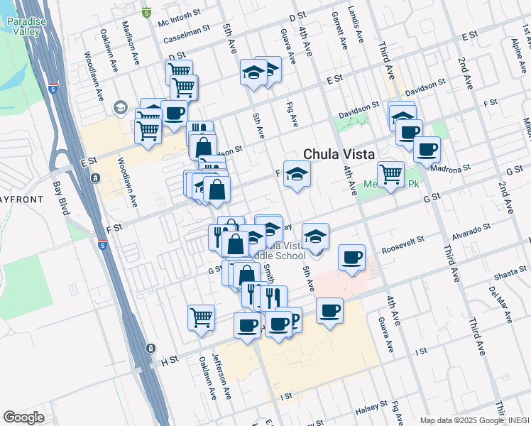 map of restaurants, bars, coffee shops, grocery stores, and more near 528 Madrona Street in Chula Vista