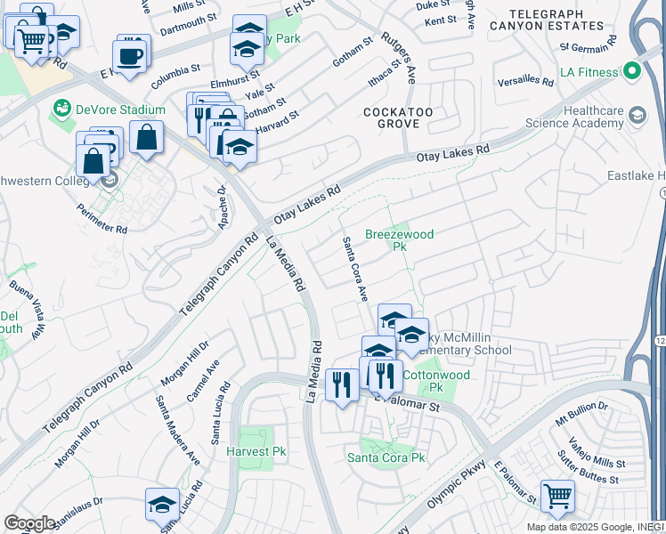 map of restaurants, bars, coffee shops, grocery stores, and more near 1726 Ravenrock Court in Chula Vista