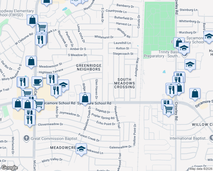 map of restaurants, bars, coffee shops, grocery stores, and more near 7308 Laurelhill Court South in Fort Worth