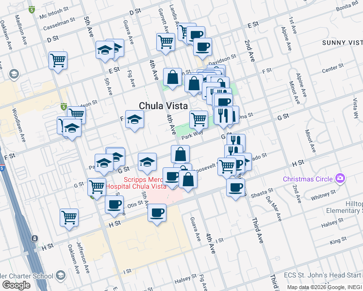 map of restaurants, bars, coffee shops, grocery stores, and more near 399 G Street in Chula Vista