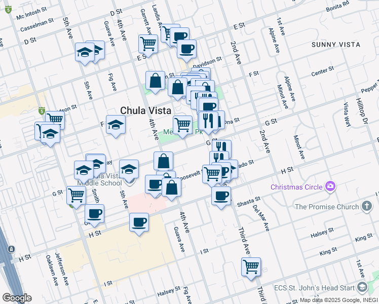 map of restaurants, bars, coffee shops, grocery stores, and more near 350 G Street in Chula Vista
