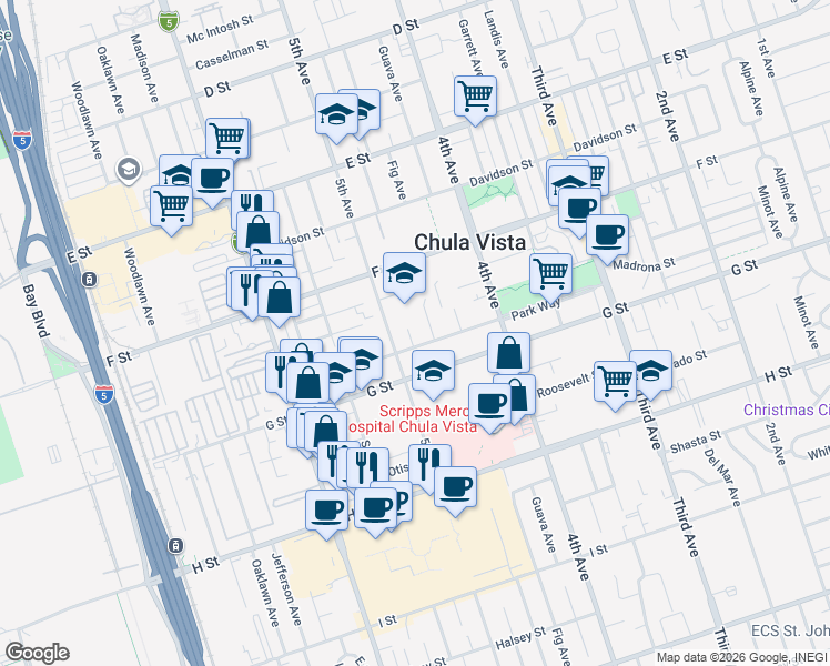 map of restaurants, bars, coffee shops, grocery stores, and more near 367 Hedge Way in Chula Vista
