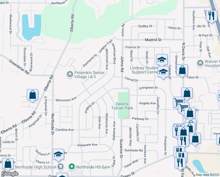 map of restaurants, bars, coffee shops, grocery stores, and more near 303 Virginia Drive in Warner Robins