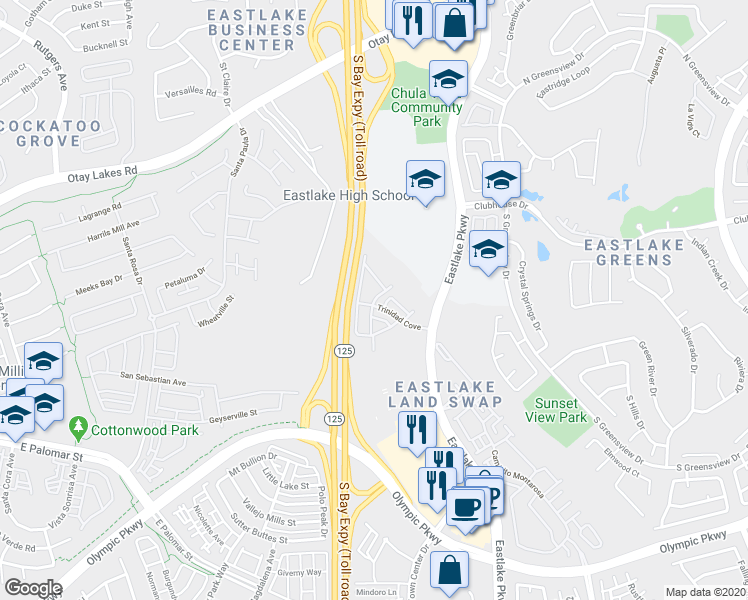 map of restaurants, bars, coffee shops, grocery stores, and more near 2060 Barbados Cove in Chula Vista