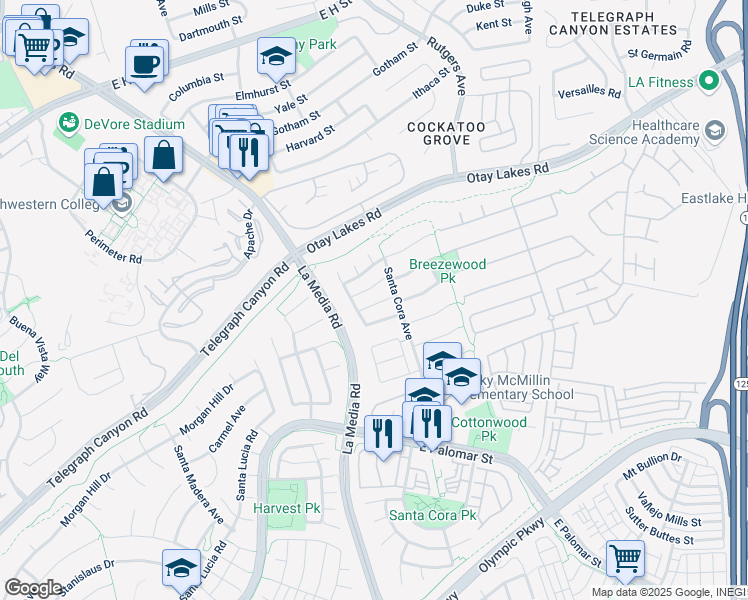 map of restaurants, bars, coffee shops, grocery stores, and more near 1726 Ravenrock Court in Chula Vista