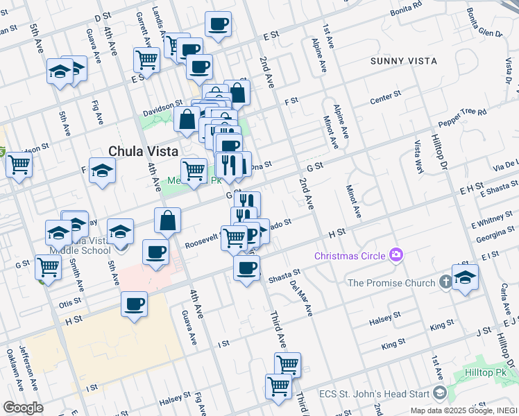 map of restaurants, bars, coffee shops, grocery stores, and more near 435 Church Avenue in Chula Vista