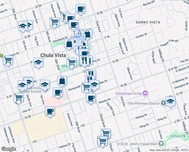 map of restaurants, bars, coffee shops, grocery stores, and more near 435 Church Avenue in Chula Vista