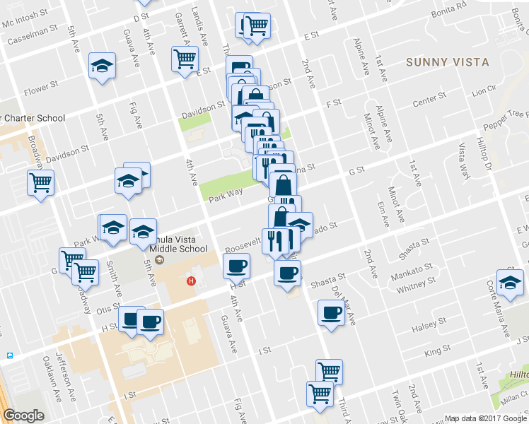 map of restaurants, bars, coffee shops, grocery stores, and more near 330 G Street in Chula Vista