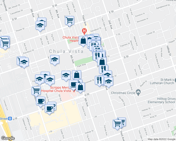 map of restaurants, bars, coffee shops, grocery stores, and more near 350 G Street in Chula Vista