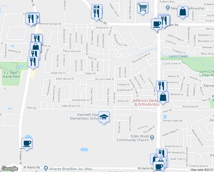 map of restaurants, bars, coffee shops, grocery stores, and more near 6604 Shoal Creek Drive in Arlington