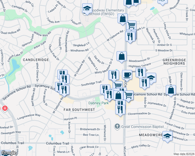 map of restaurants, bars, coffee shops, grocery stores, and more near 3705 Key West Court in Fort Worth