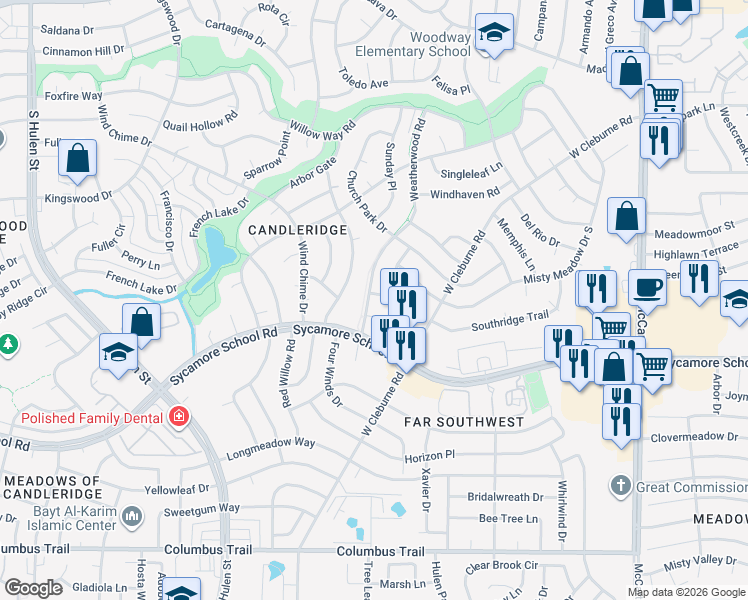 map of restaurants, bars, coffee shops, grocery stores, and more near 7357 Channelview Drive in Fort Worth