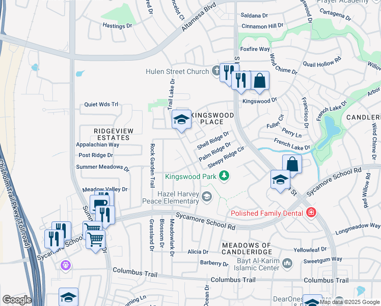 map of restaurants, bars, coffee shops, grocery stores, and more near 7366 Sleepy Ridge Circle in Fort Worth
