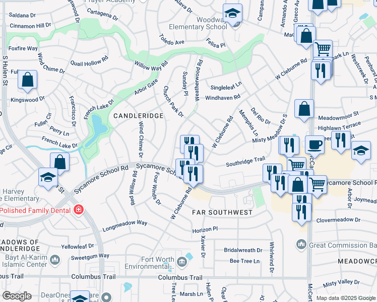 map of restaurants, bars, coffee shops, grocery stores, and more near 7337 Channelview Drive in Fort Worth