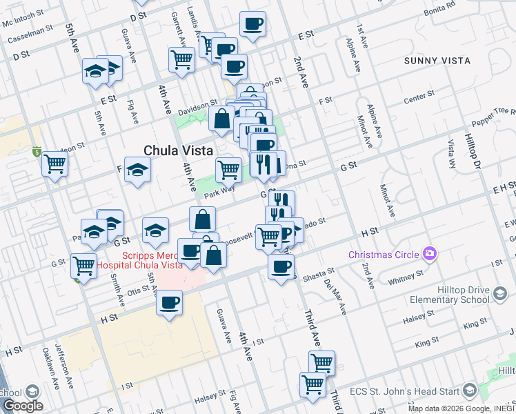 map of restaurants, bars, coffee shops, grocery stores, and more near 330 G Street in Chula Vista