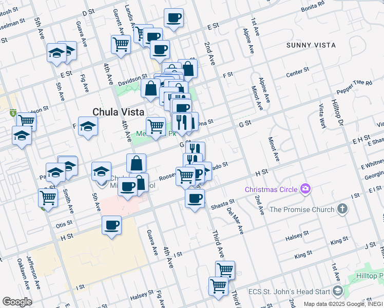 map of restaurants, bars, coffee shops, grocery stores, and more near 425 3rd Avenue in Chula Vista