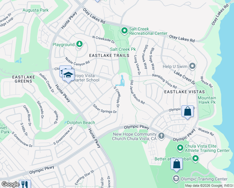 map of restaurants, bars, coffee shops, grocery stores, and more near 1354 South Creekside Drive in Chula Vista