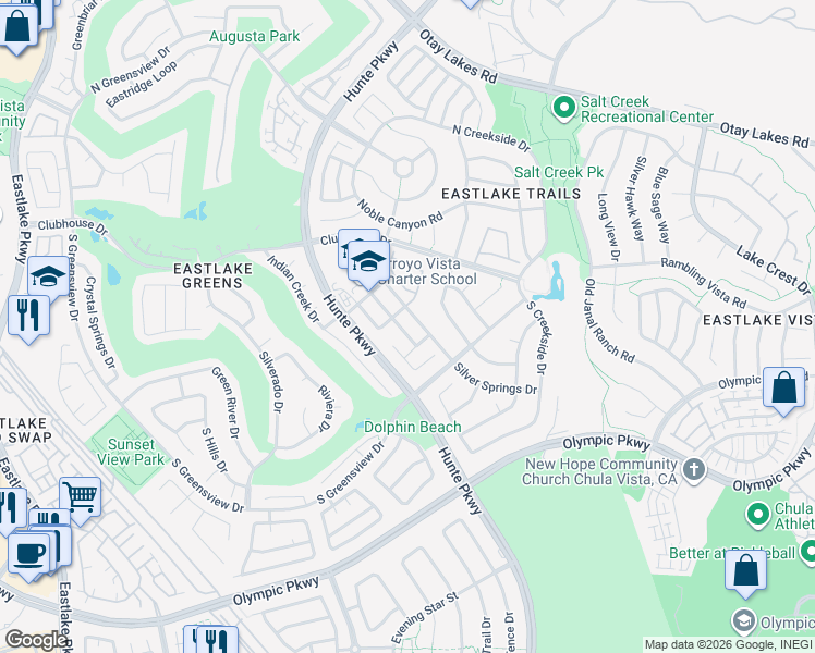 map of restaurants, bars, coffee shops, grocery stores, and more near 1349 Thunder Springs Drive in Chula Vista