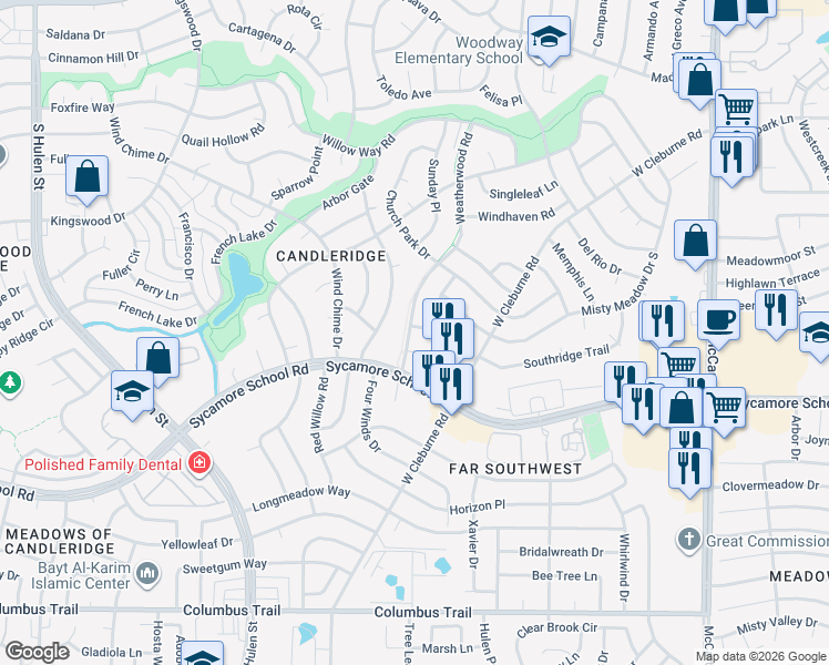 map of restaurants, bars, coffee shops, grocery stores, and more near 7357 Channelview Drive in Fort Worth