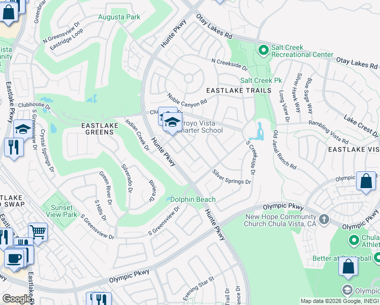 map of restaurants, bars, coffee shops, grocery stores, and more near 1349 Thunder Springs Drive in Chula Vista