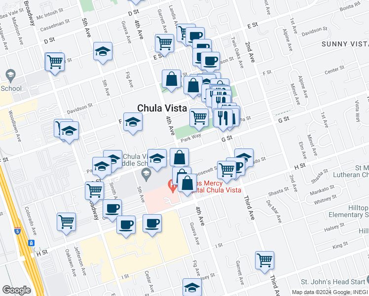 map of restaurants, bars, coffee shops, grocery stores, and more near 391 G Street in Chula Vista