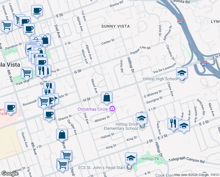 map of restaurants, bars, coffee shops, grocery stores, and more near 491 1st Ave in Chula Vista