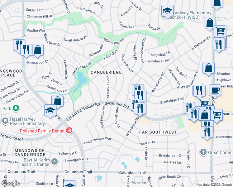 map of restaurants, bars, coffee shops, grocery stores, and more near 4201 Candlewind Lane in Fort Worth