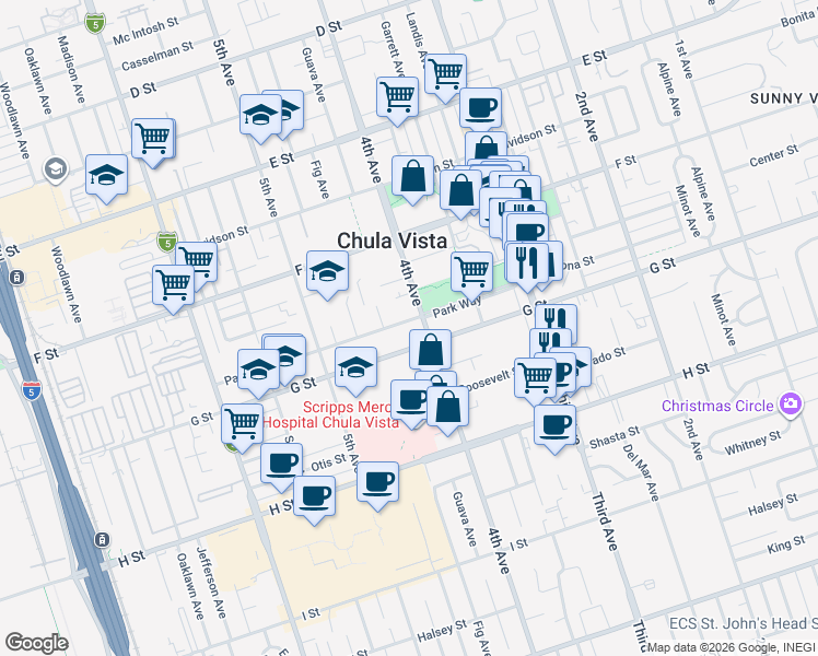 map of restaurants, bars, coffee shops, grocery stores, and more near 414 Park Way in Chula Vista