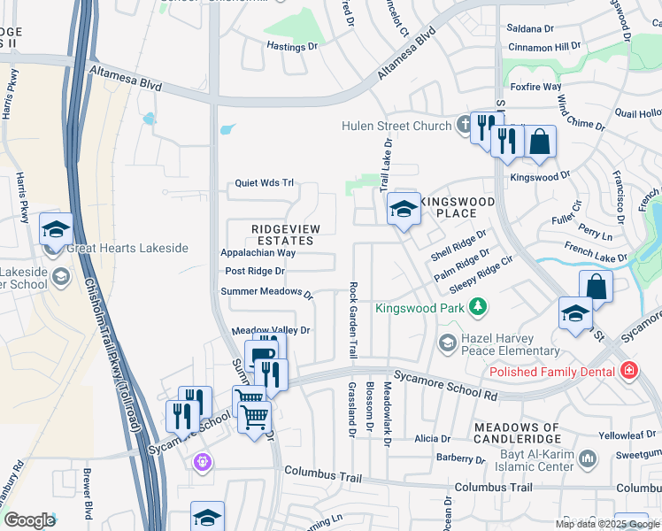 map of restaurants, bars, coffee shops, grocery stores, and more near 5224 Post Ridge Drive in Fort Worth