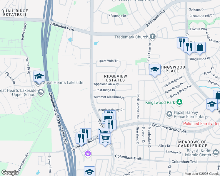 map of restaurants, bars, coffee shops, grocery stores, and more near 5412 Post Ridge Dr in Fort Worth