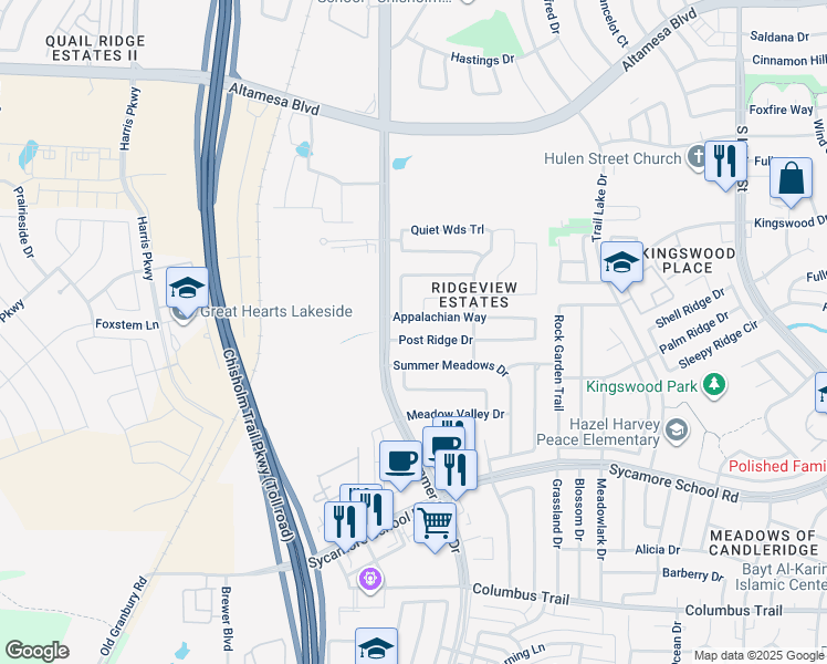 map of restaurants, bars, coffee shops, grocery stores, and more near 5512 Post Ridge Dr in Fort Worth