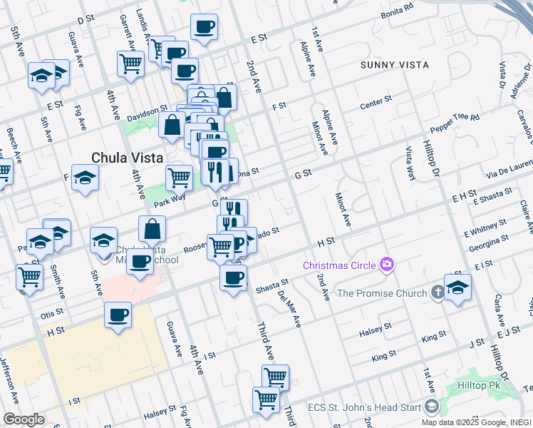 map of restaurants, bars, coffee shops, grocery stores, and more near 434 Del Mar Court in Chula Vista