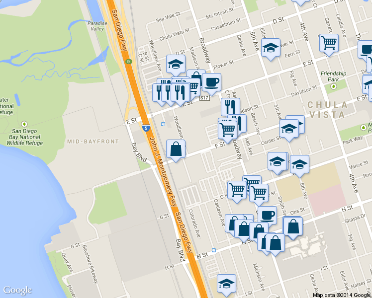 map of restaurants, bars, coffee shops, grocery stores, and more near in Chula Vista