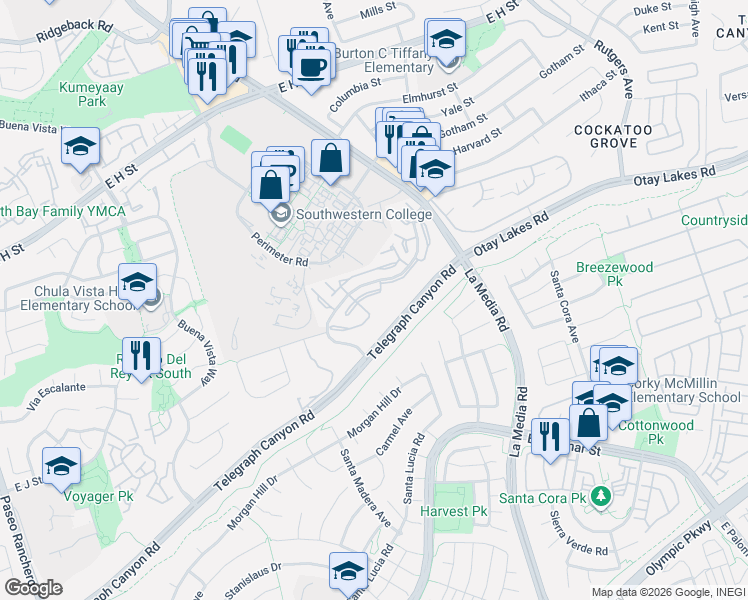 map of restaurants, bars, coffee shops, grocery stores, and more near 1530 Apache Drive in Chula Vista