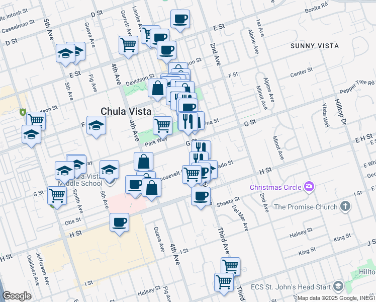 map of restaurants, bars, coffee shops, grocery stores, and more near 330 G Street in Chula Vista