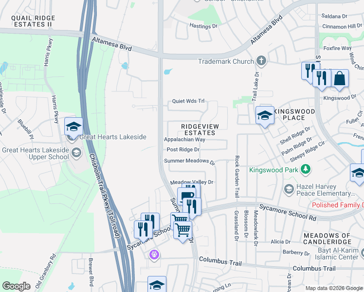 map of restaurants, bars, coffee shops, grocery stores, and more near 5512 Post Ridge Drive in Fort Worth