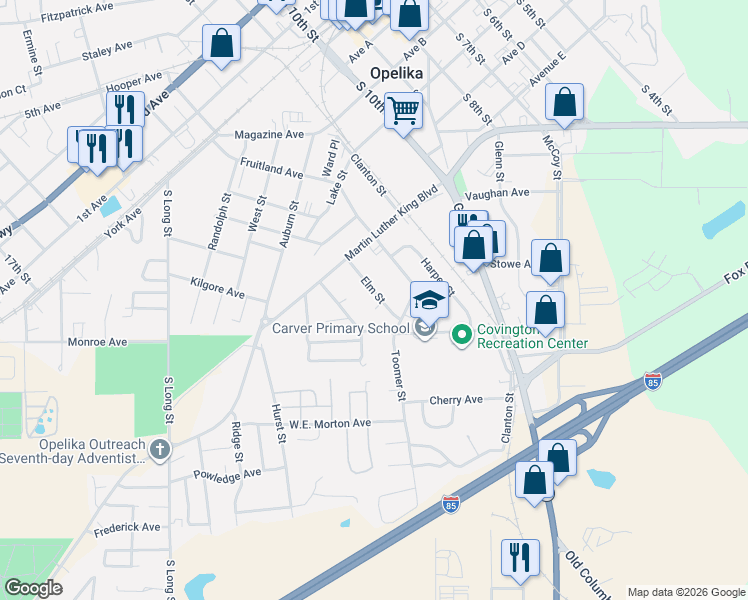 map of restaurants, bars, coffee shops, grocery stores, and more near 1506 Toomer Street in Opelika