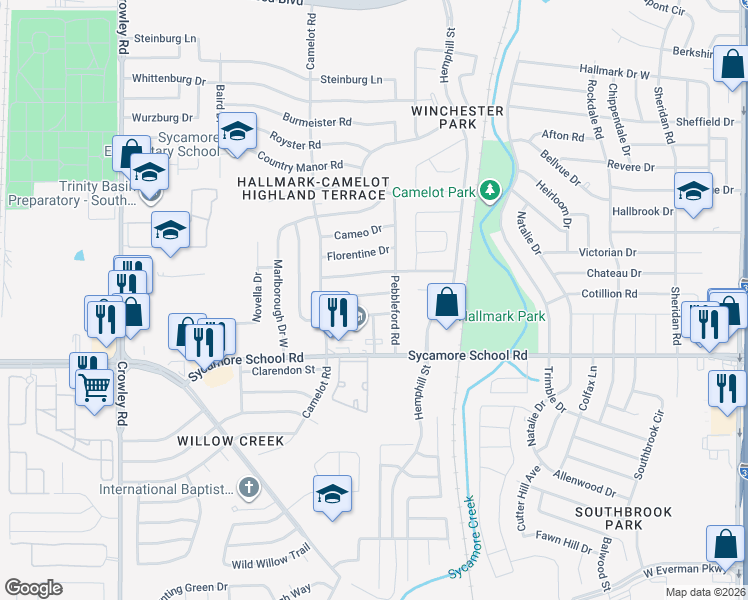map of restaurants, bars, coffee shops, grocery stores, and more near 1300 Pinehurst Drive West in Fort Worth