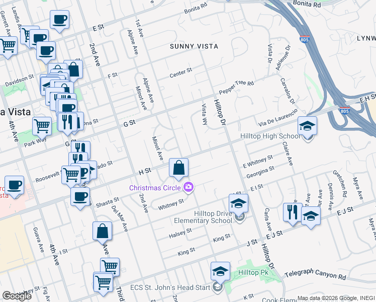 map of restaurants, bars, coffee shops, grocery stores, and more near 491 1st Avenue in Chula Vista