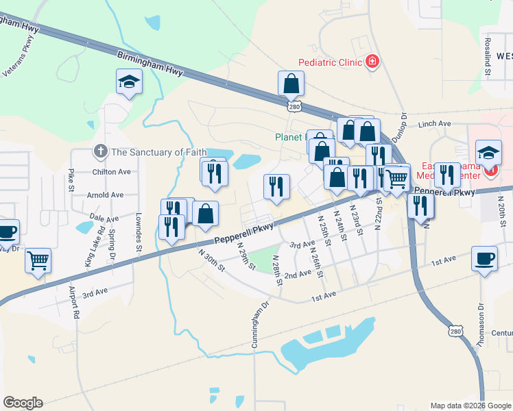 map of restaurants, bars, coffee shops, grocery stores, and more near 2800-2898 Pepperell Parkway in Opelika