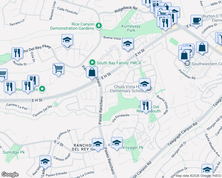 map of restaurants, bars, coffee shops, grocery stores, and more near 1224 Calle Santiago in Chula Vista
