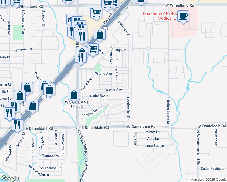 map of restaurants, bars, coffee shops, grocery stores, and more near 1111 Cedar Run Drive in Duncanville
