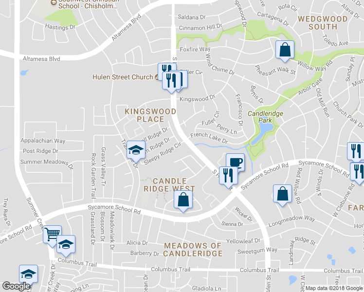 map of restaurants, bars, coffee shops, grocery stores, and more near 4609 Sleepy Ridge Circle in Fort Worth