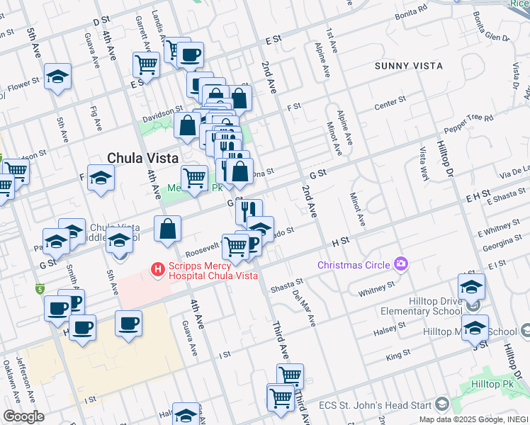 map of restaurants, bars, coffee shops, grocery stores, and more near 435 Church Avenue in Chula Vista