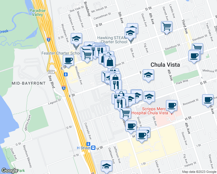 map of restaurants, bars, coffee shops, grocery stores, and more near 600 F Street in Chula Vista