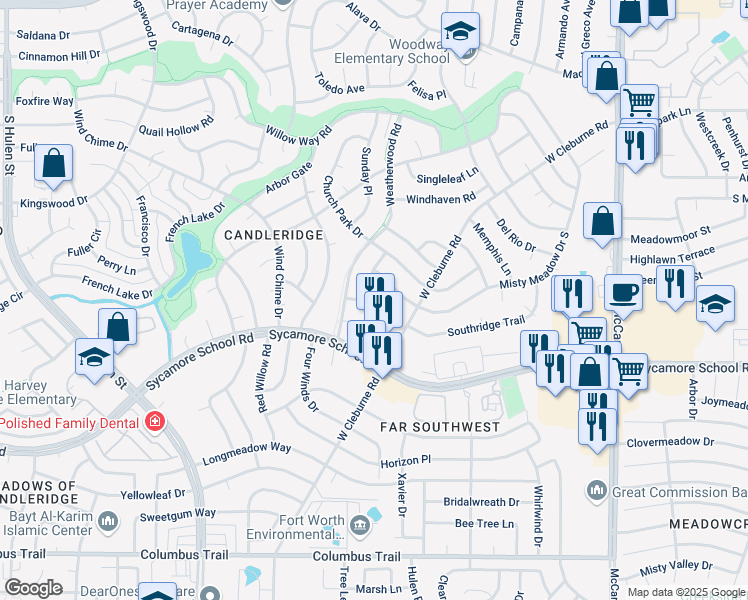 map of restaurants, bars, coffee shops, grocery stores, and more near 7337 Channelview Drive in Fort Worth