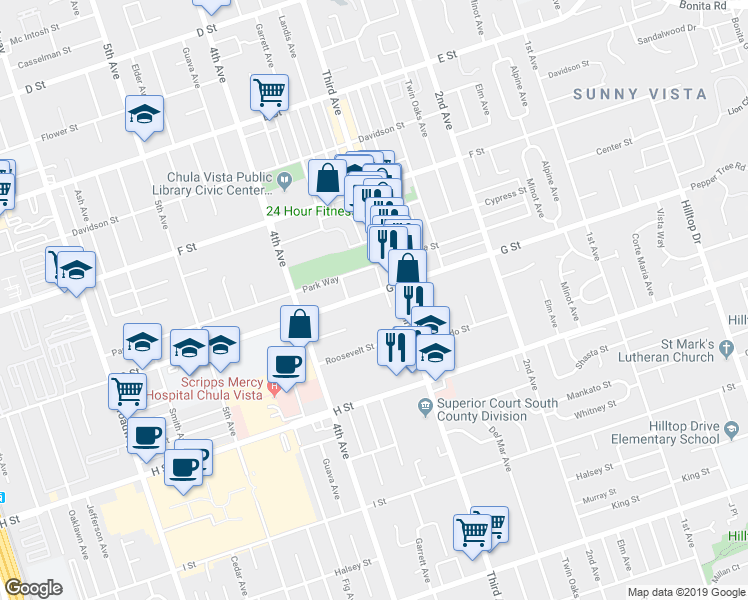 map of restaurants, bars, coffee shops, grocery stores, and more near 330 G Street in Chula Vista