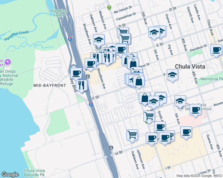 map of restaurants, bars, coffee shops, grocery stores, and more near in Chula Vista